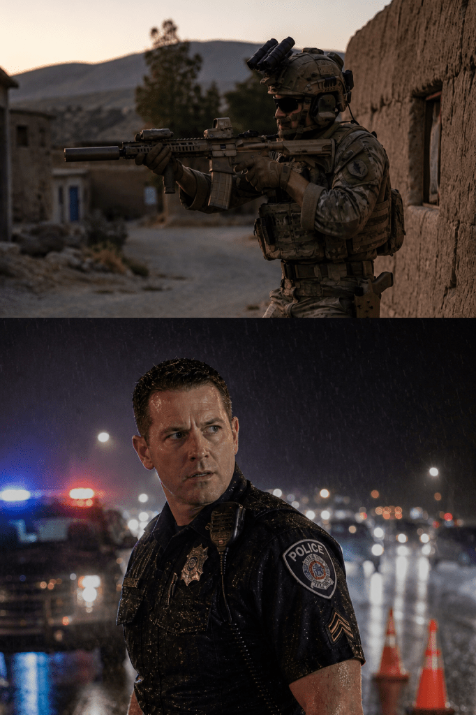 Picture of soldier in fatigues and a law enforcement officer in the rain